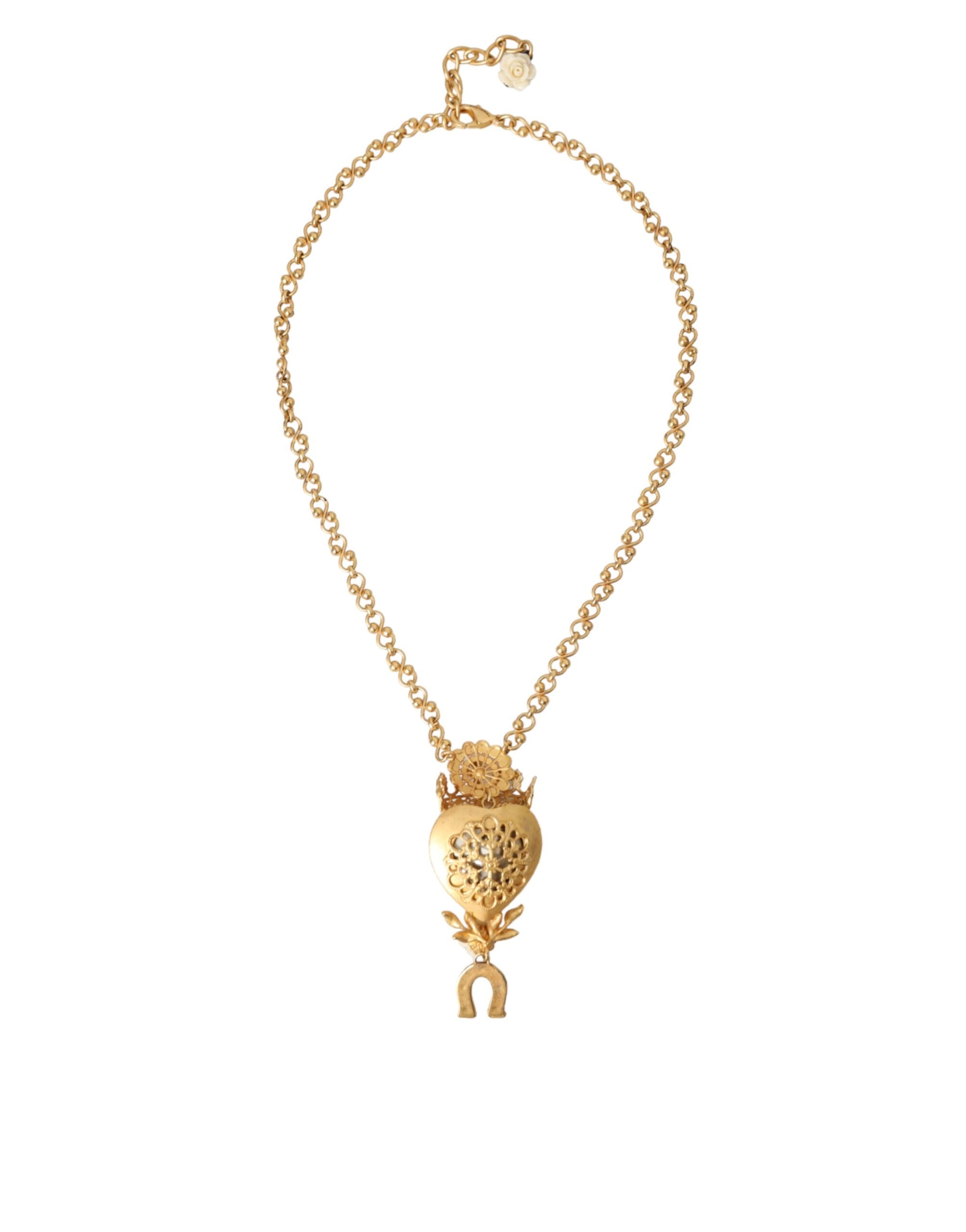 Dolce &amp; Gabbana Gold Brass Chain Sacred Heart Crystal Charm Necklace