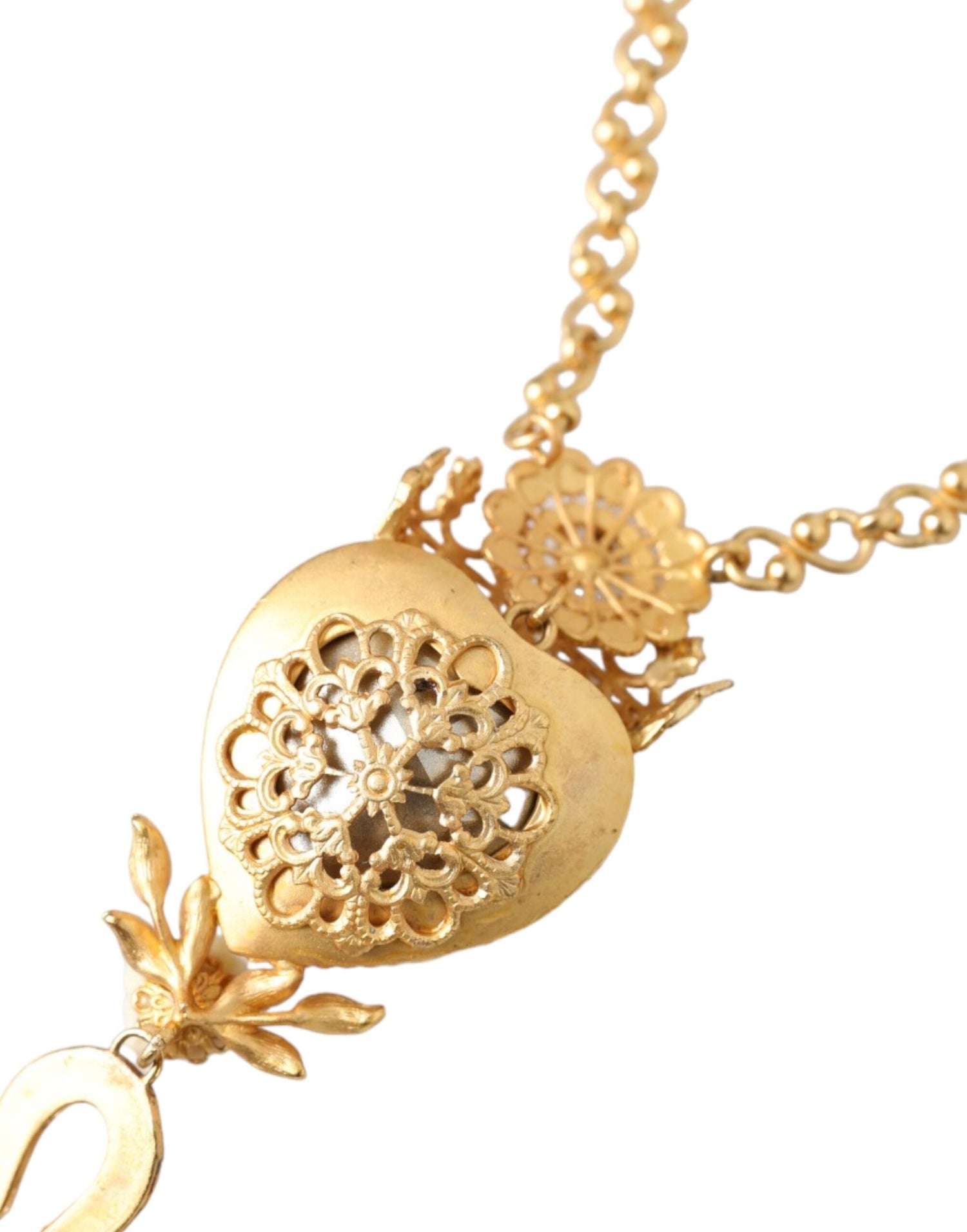 Dolce &amp; Gabbana Gold Brass Chain Sacred Heart Crystal Charm Necklace