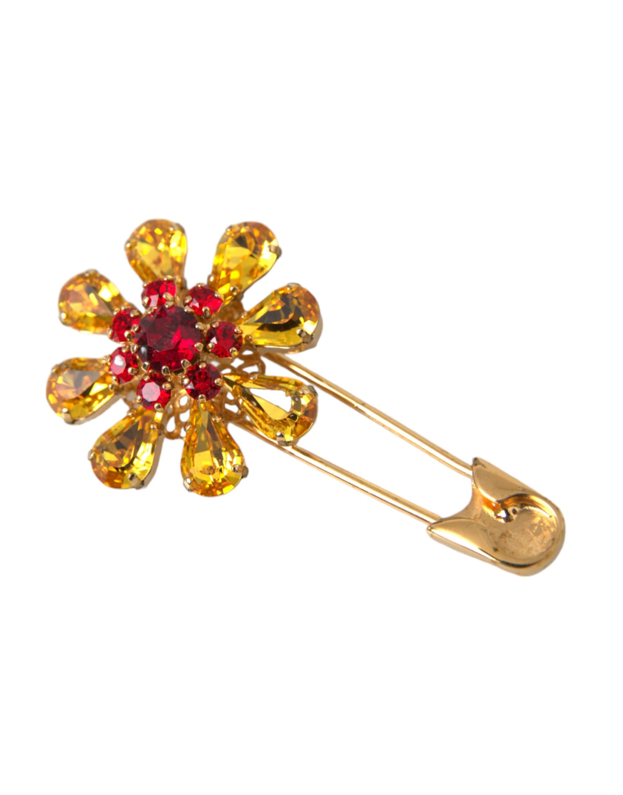 Dolce &amp; Gabbana Gold Brass Floral Crystal Jewelry Brooch Pin