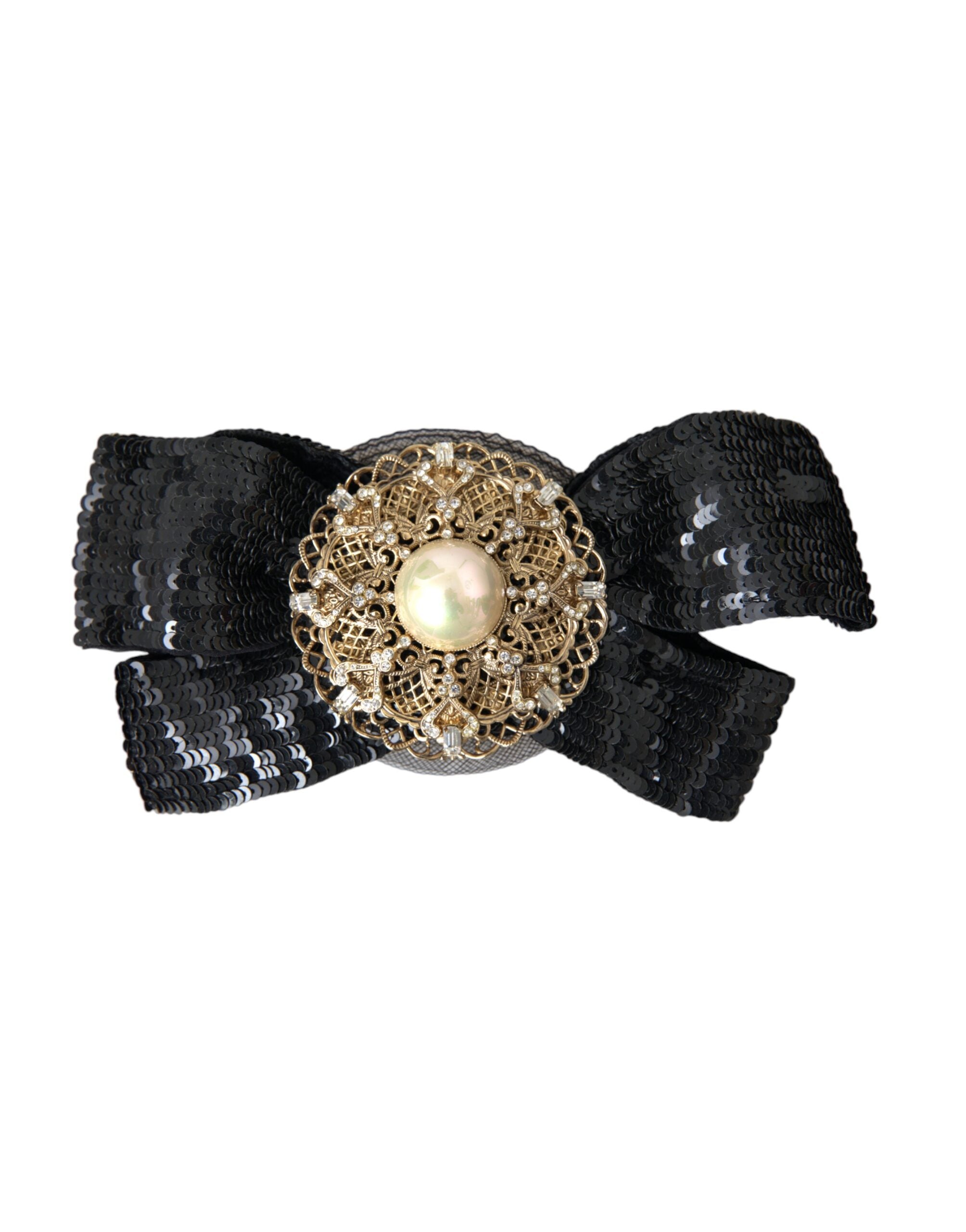 Dolce &amp; Gabbana Black Sequin Pearl Handmade Brooch Hair Pin