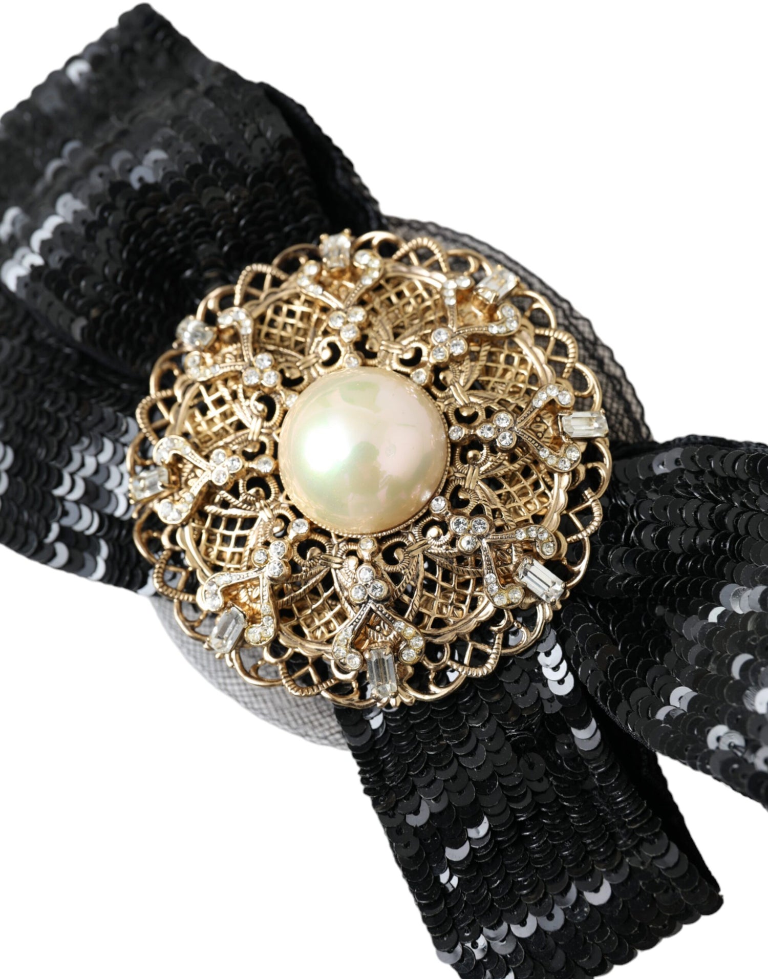 Dolce &amp; Gabbana Black Sequin Pearl Handmade Brooch Hair Pin