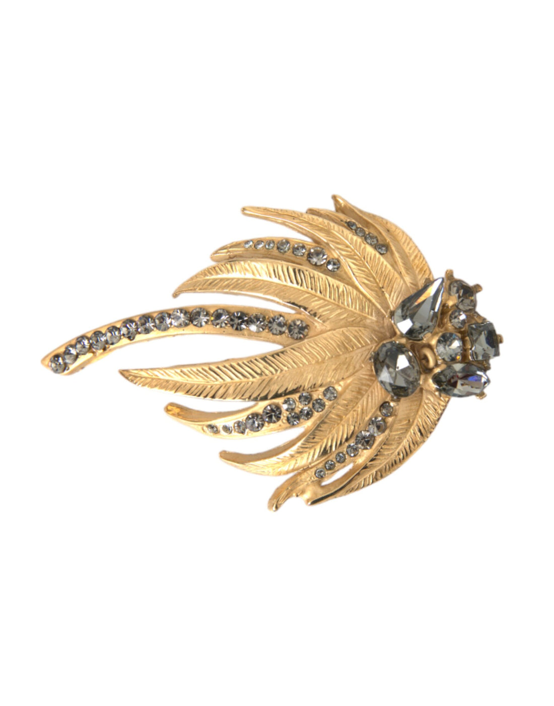 Dolce &amp; Gabbana Gold Brass Leaf Crystal Embellished Brooch Pin