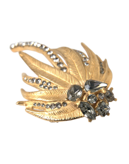 Dolce &amp; Gabbana Gold Brass Leaf Crystal Embellished Brooch Pin