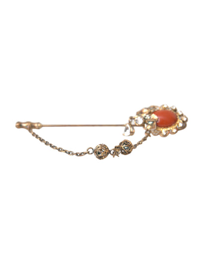 Dolce &amp; Gabbana Gold Brass Crystal Chain 925 Sterling Silver Pin Brooch