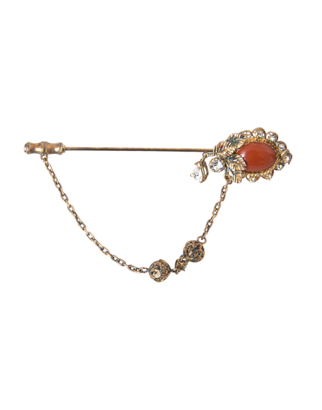 Dolce &amp; Gabbana Gold Brass Crystal Chain 925 Sterling Silver Pin Brooch