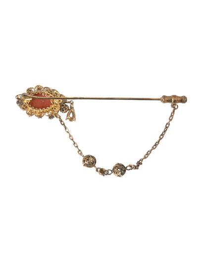 Dolce &amp; Gabbana Gold Brass Crystal Chain 925 Sterling Silver Pin Brooch