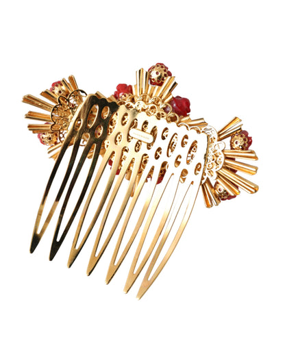 Dolce &amp; Gabbana Gold Brass Crystal Heart Floral Hair Comb