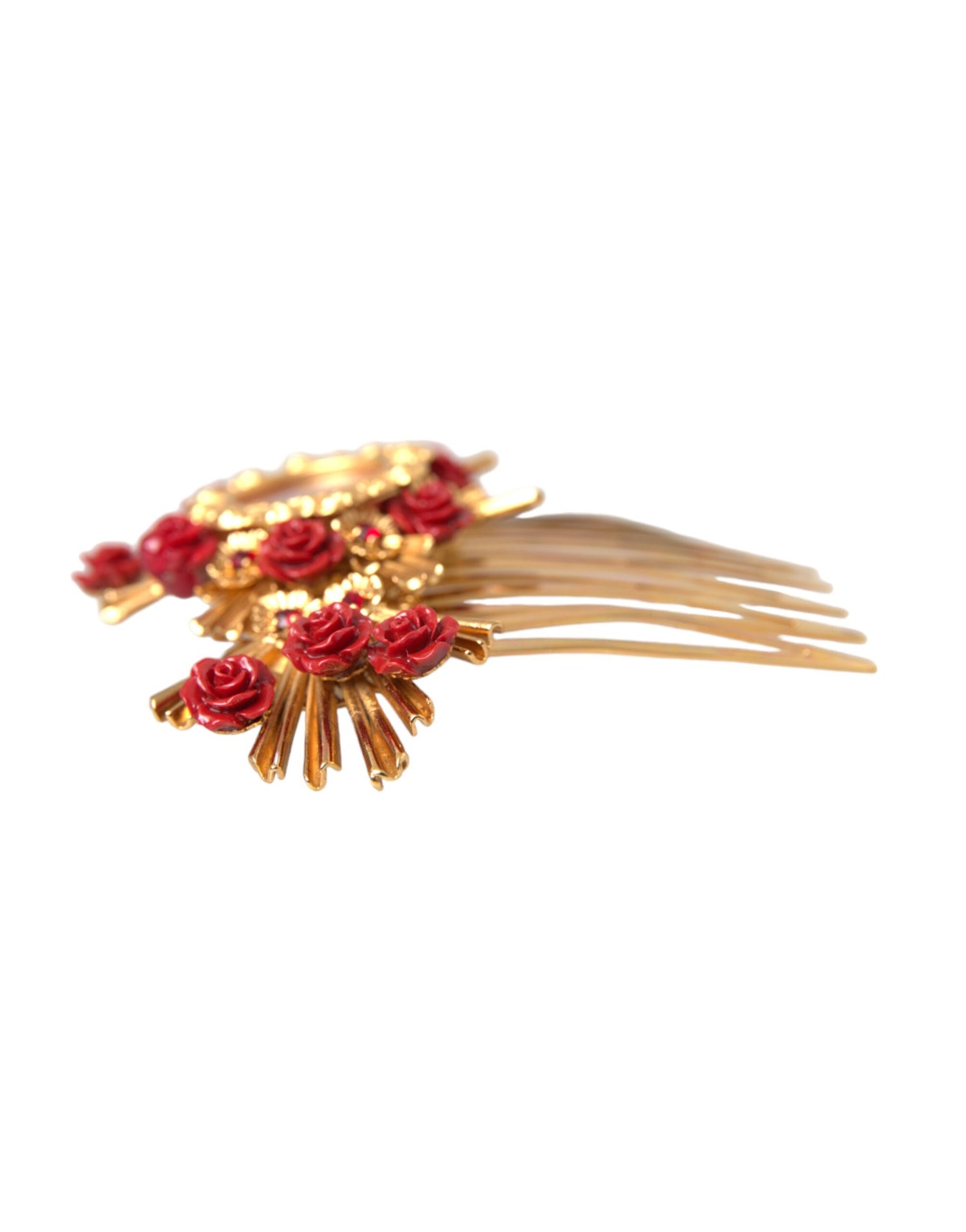 Dolce &amp; Gabbana Gold Brass Crystal Heart Floral Hair Comb