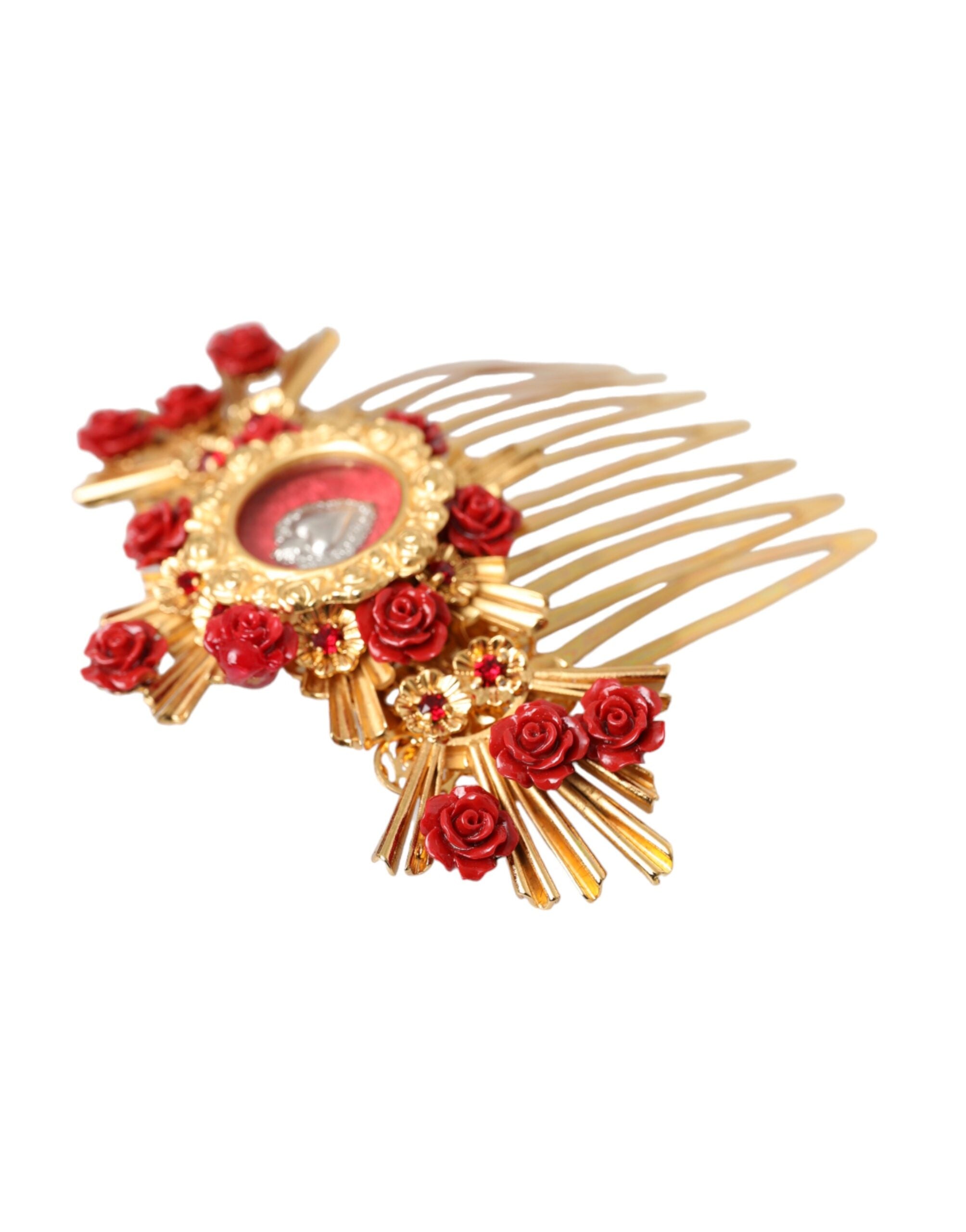 Dolce &amp; Gabbana Gold Brass Crystal Heart Floral Hair Comb