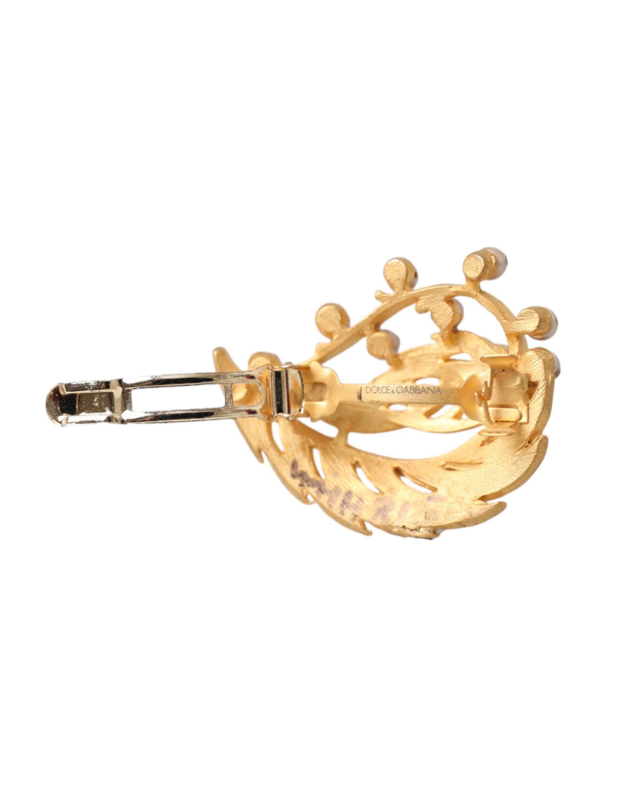 Dolce &amp; Gabbana Gold Brass Leaf Embellished Jewelry Brooch Hair Pin