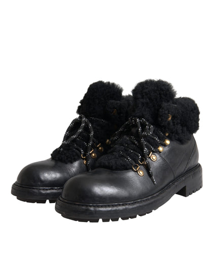 Dolce &amp; Gabbana Black Leather Bernini Shearling Boots Shoes