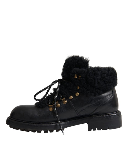 Dolce &amp; Gabbana Black Leather Bernini Shearling Boots Shoes