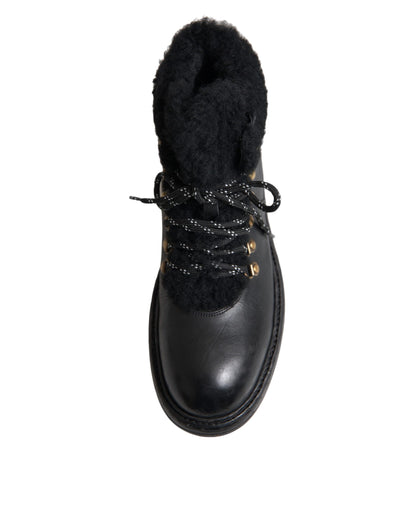 Dolce &amp; Gabbana Black Leather Bernini Shearling Boots Shoes