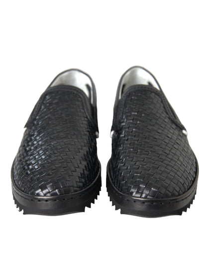 Dolce &amp; Gabbana Black Woven Buffalo Leather Men Loafers Shoes