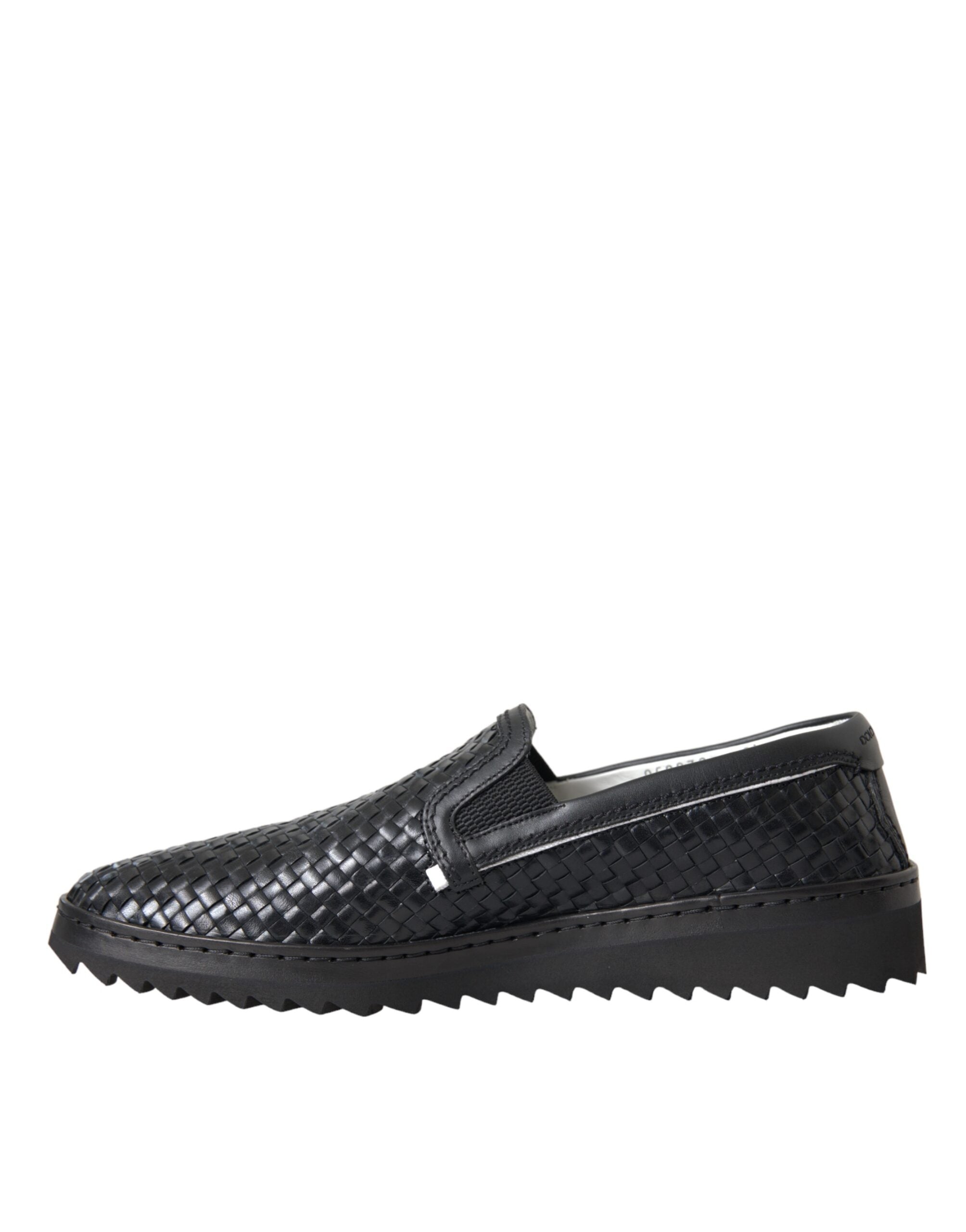 Dolce &amp; Gabbana Black Woven Buffalo Leather Men Loafers Shoes