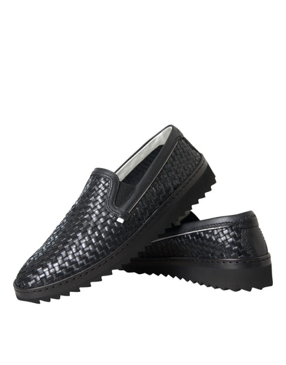 Dolce &amp; Gabbana Black Woven Buffalo Leather Men Loafers Shoes