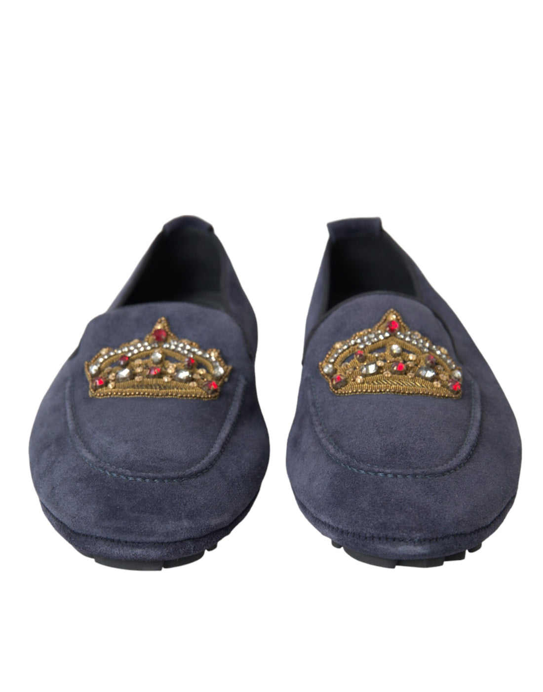 Dolce &amp; Gabbana Blue Leather Suede Crystal Crown Loafers Shoes