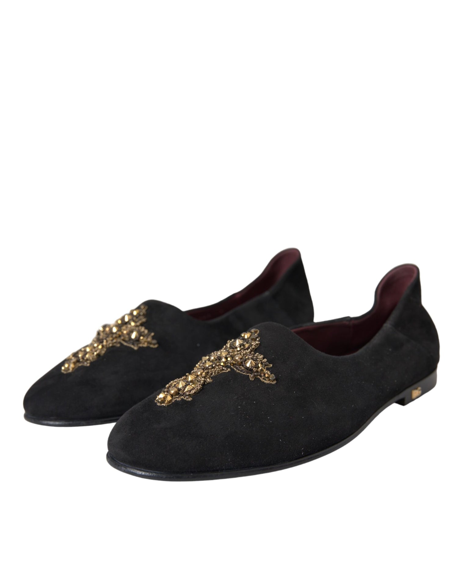 Dolce &amp; Gabbana Black Suede Gold Cross Slip On Loafer Shoes