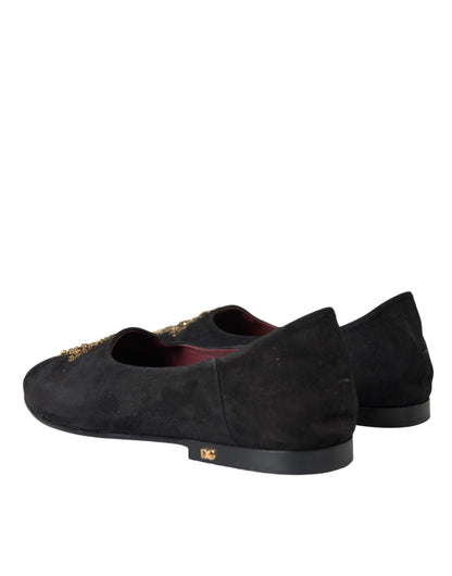 Dolce &amp; Gabbana Black Suede Gold Cross Slip On Loafer Shoes