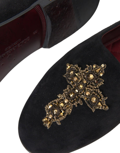 Dolce &amp; Gabbana Black Suede Gold Cross Slip On Loafer Shoes