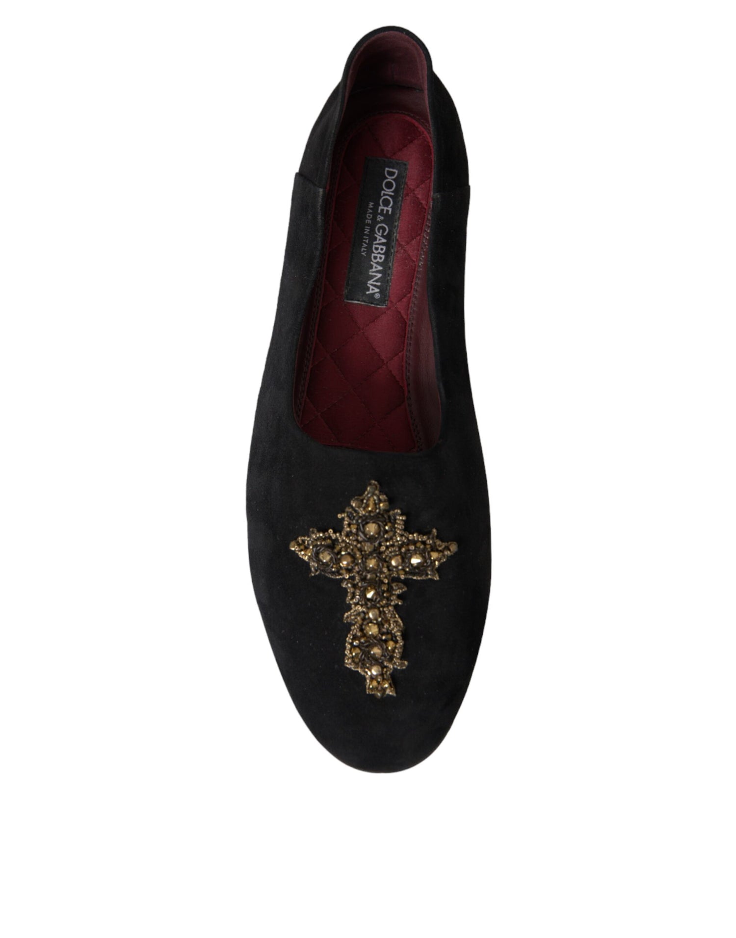 Dolce &amp; Gabbana Black Suede Gold Cross Slip On Loafer Shoes