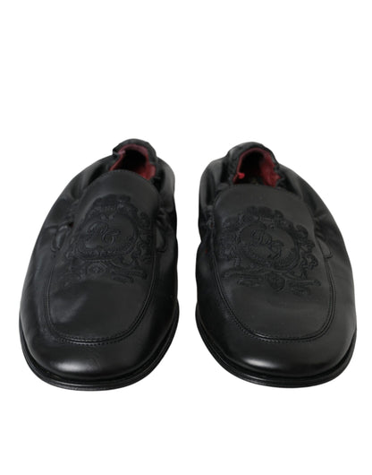 Dolce &amp; Gabbana Black Logo Embroidered Leather Loafer Men Dress Shoes