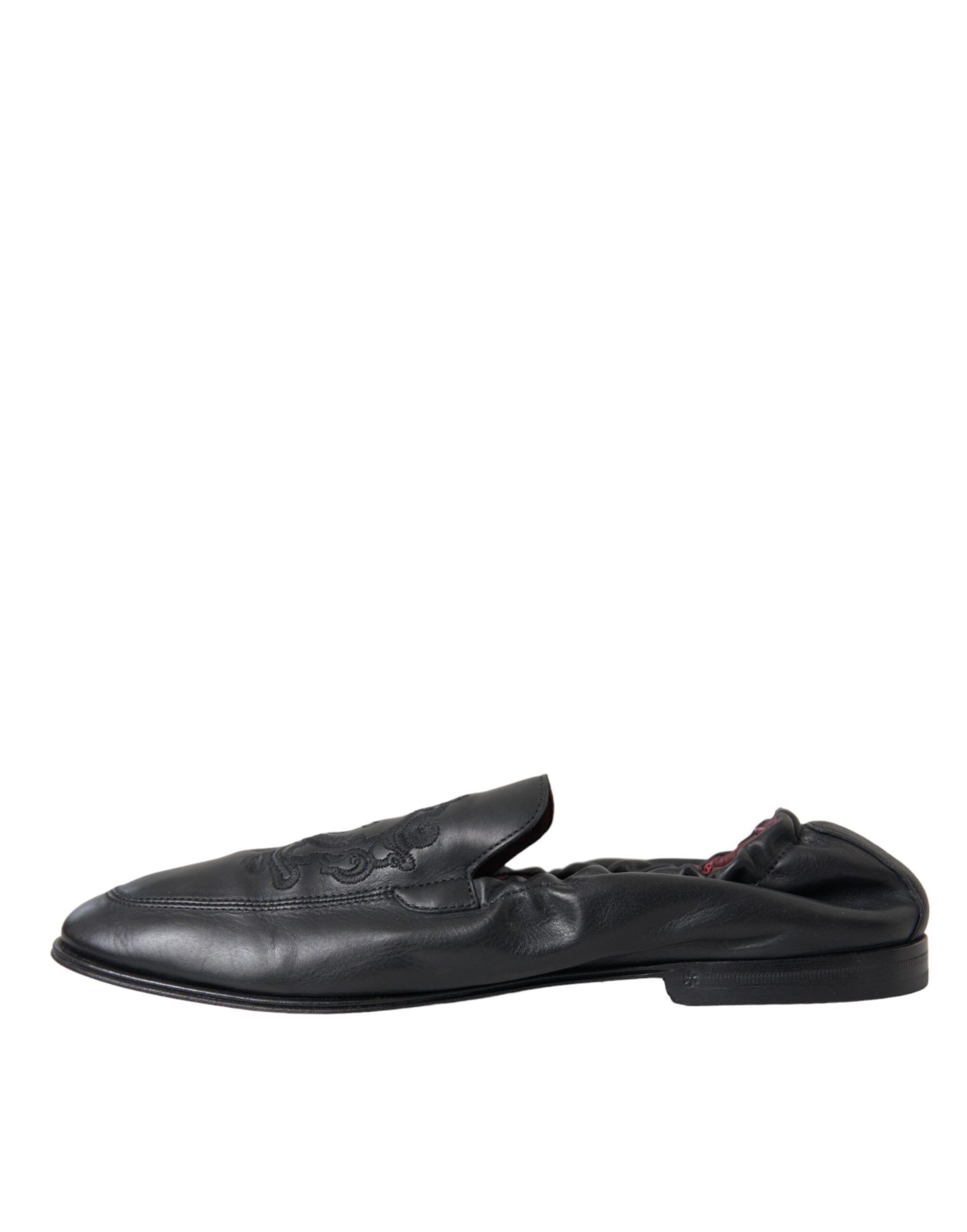 Dolce &amp; Gabbana Black Logo Embroidered Leather Loafer Men Dress Shoes