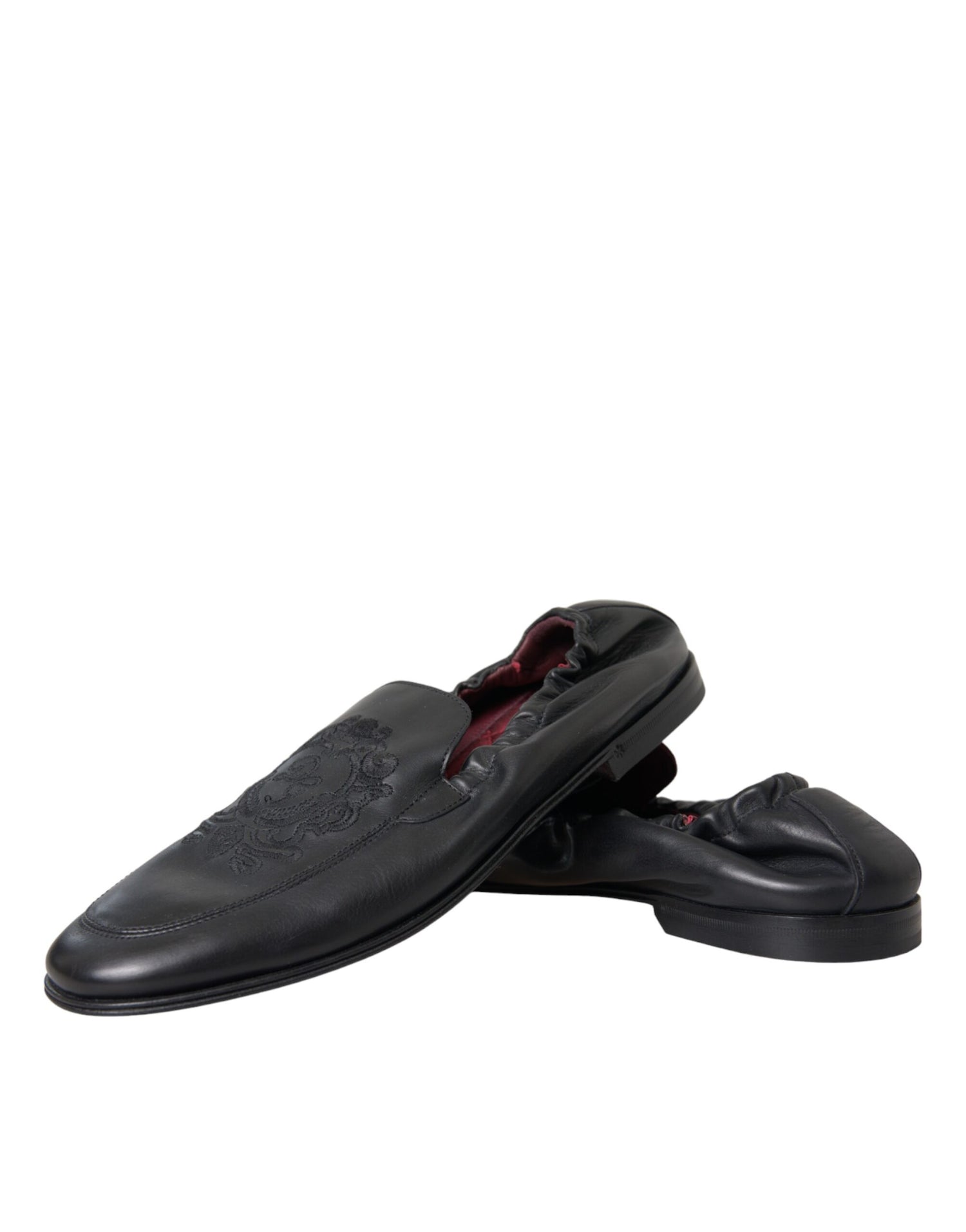 Dolce &amp; Gabbana Black Logo Embroidered Leather Loafer Men Dress Shoes