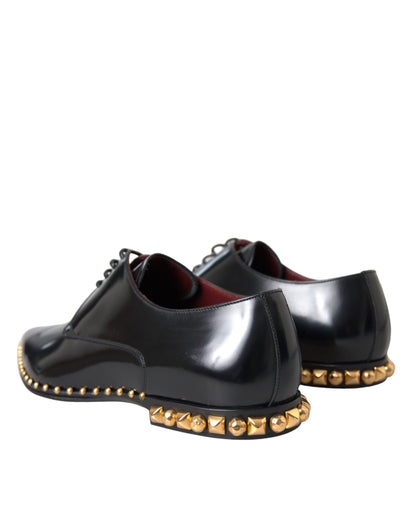 Dolce &amp; Gabbana Black Leather Gold Studded Derby Dress Shoes