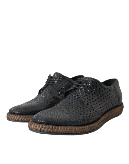 Dolce &amp; Gabbana Black Woven Goat Leather Lace Up Derby Shoes