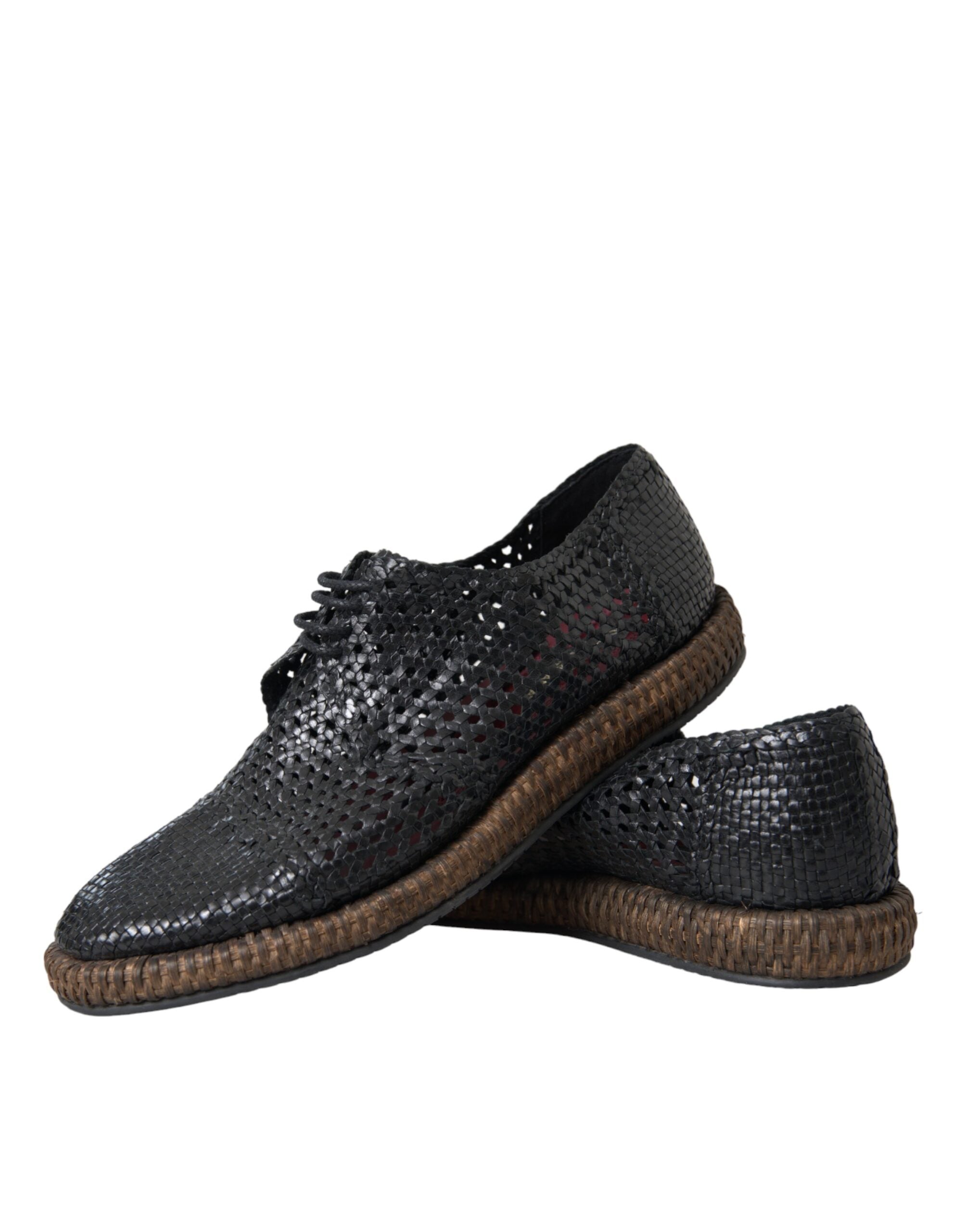 Dolce &amp; Gabbana Black Woven Goat Leather Lace Up Derby Shoes