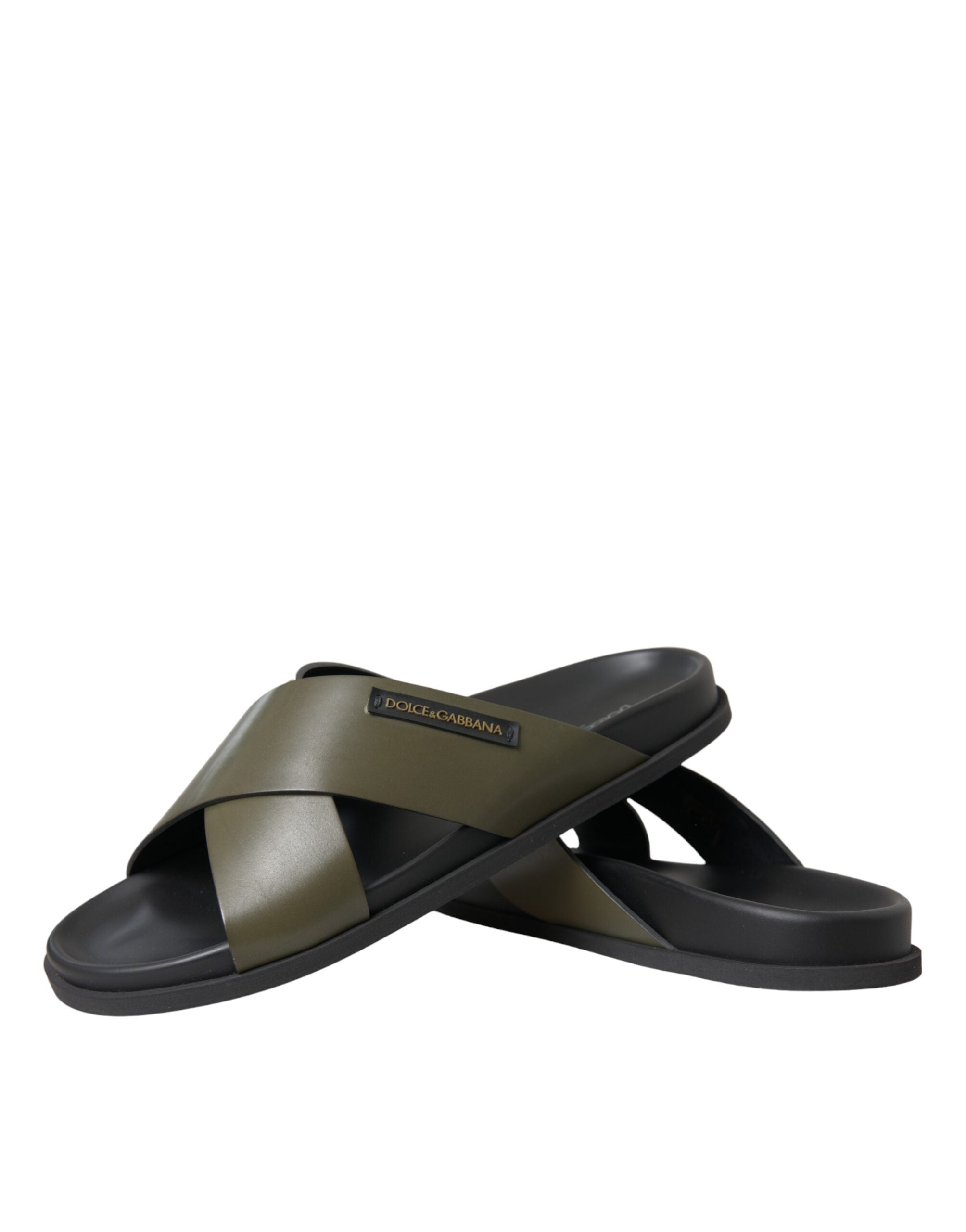 Dolce &amp; Gabbana Green Leather Criss-Cross Slide Sandals Shoes