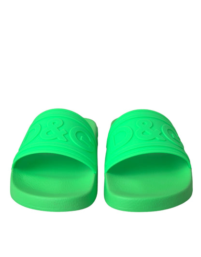 Dolce &amp; Gabbana Green Leather Slides Sandals Beachwear Shoes