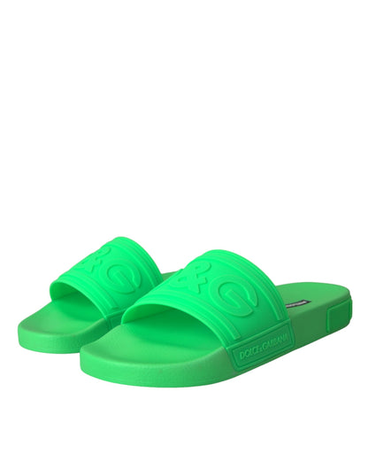 Dolce &amp; Gabbana Green Leather Slides Sandals Beachwear Shoes