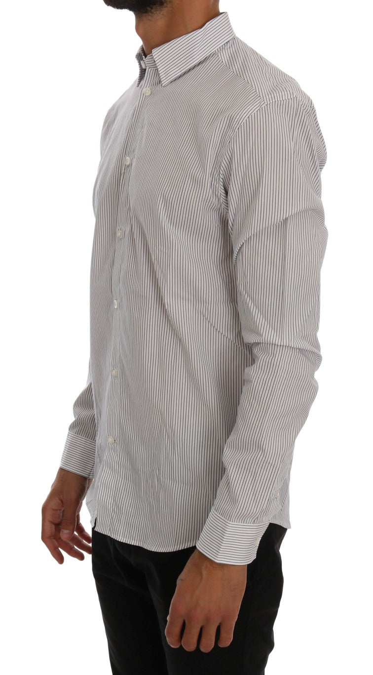 Frankie Morello Elegant White &amp; Blue Striped Casual Shirt