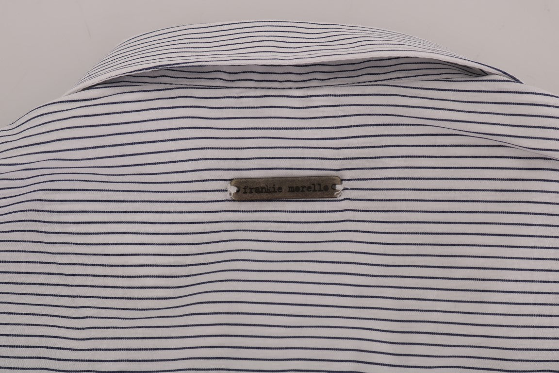 Frankie Morello Elegant White &amp; Blue Striped Casual Shirt