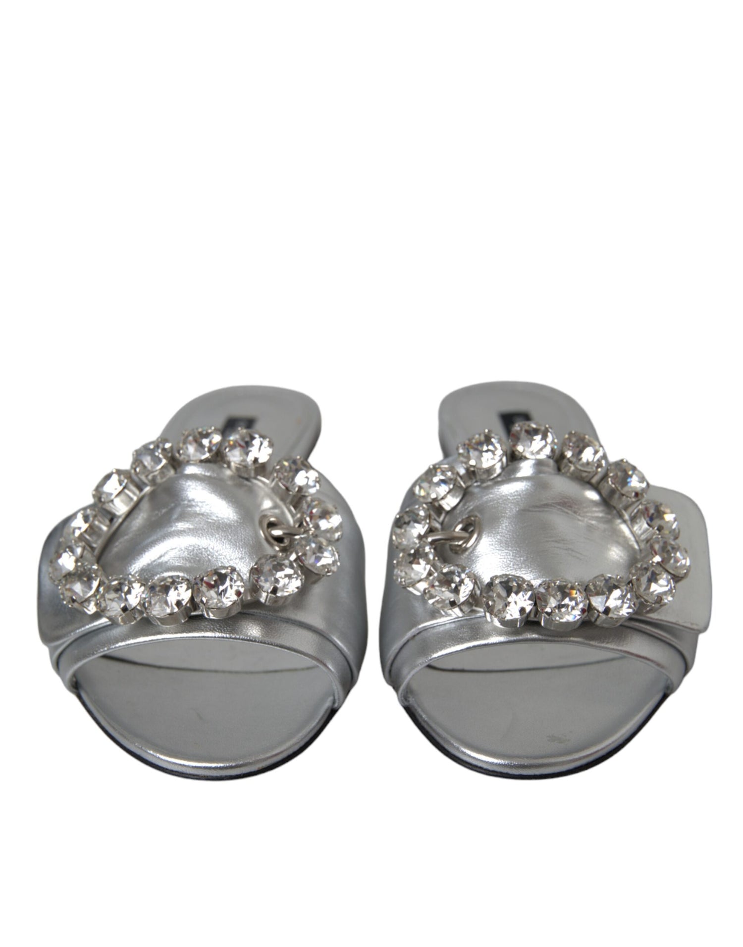 Dolce &amp; Gabbana Silver Crystal Leather Flats Sandals Shoes