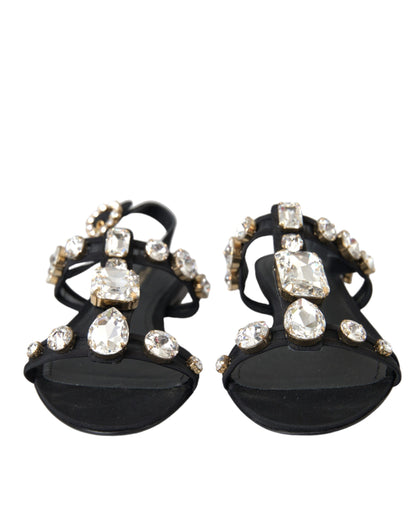 Dolce &amp; Gabbana Black Leather Crystal Flats Sandals Shoes