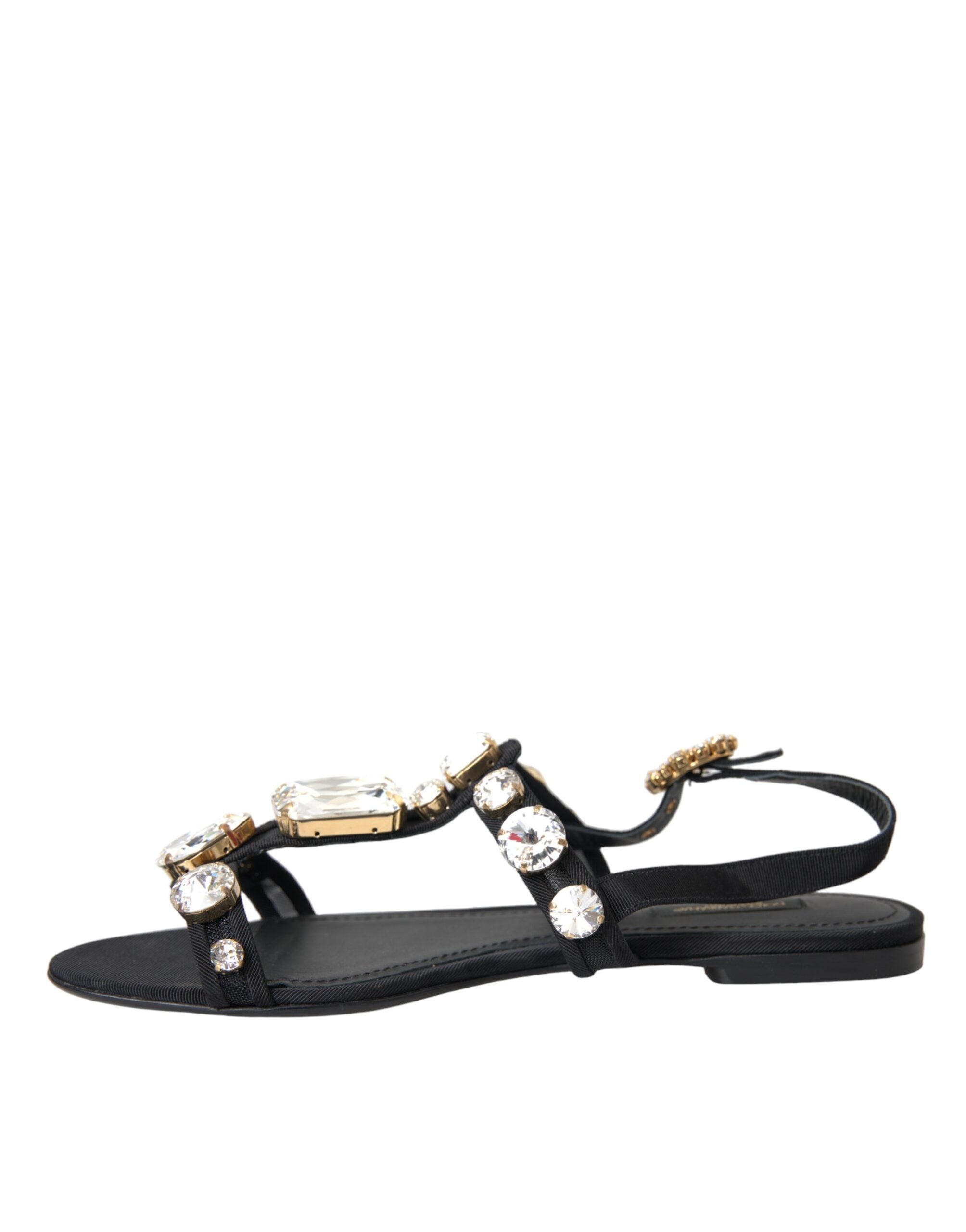 Dolce &amp; Gabbana Black Leather Crystal Flats Sandals Shoes