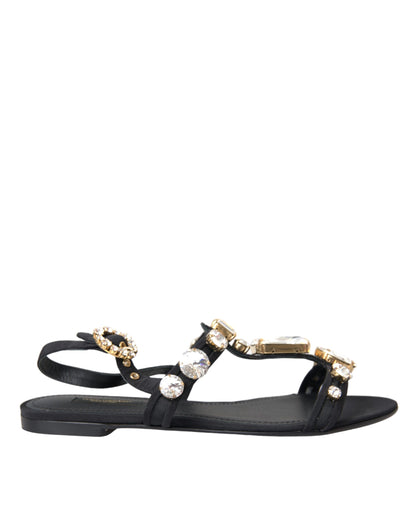 Dolce &amp; Gabbana Black Leather Crystal Flats Sandals Shoes