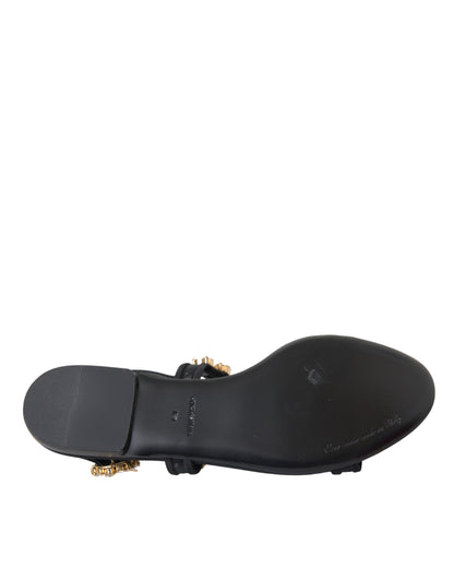 Dolce &amp; Gabbana Black Leather Crystal Flats Sandals Shoes