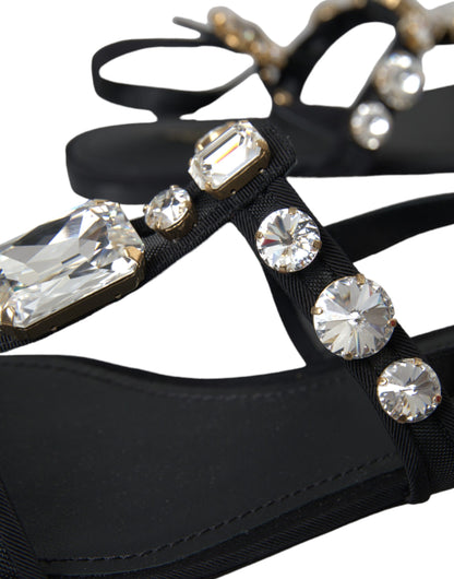 Dolce &amp; Gabbana Black Leather Crystal Flats Sandals Shoes