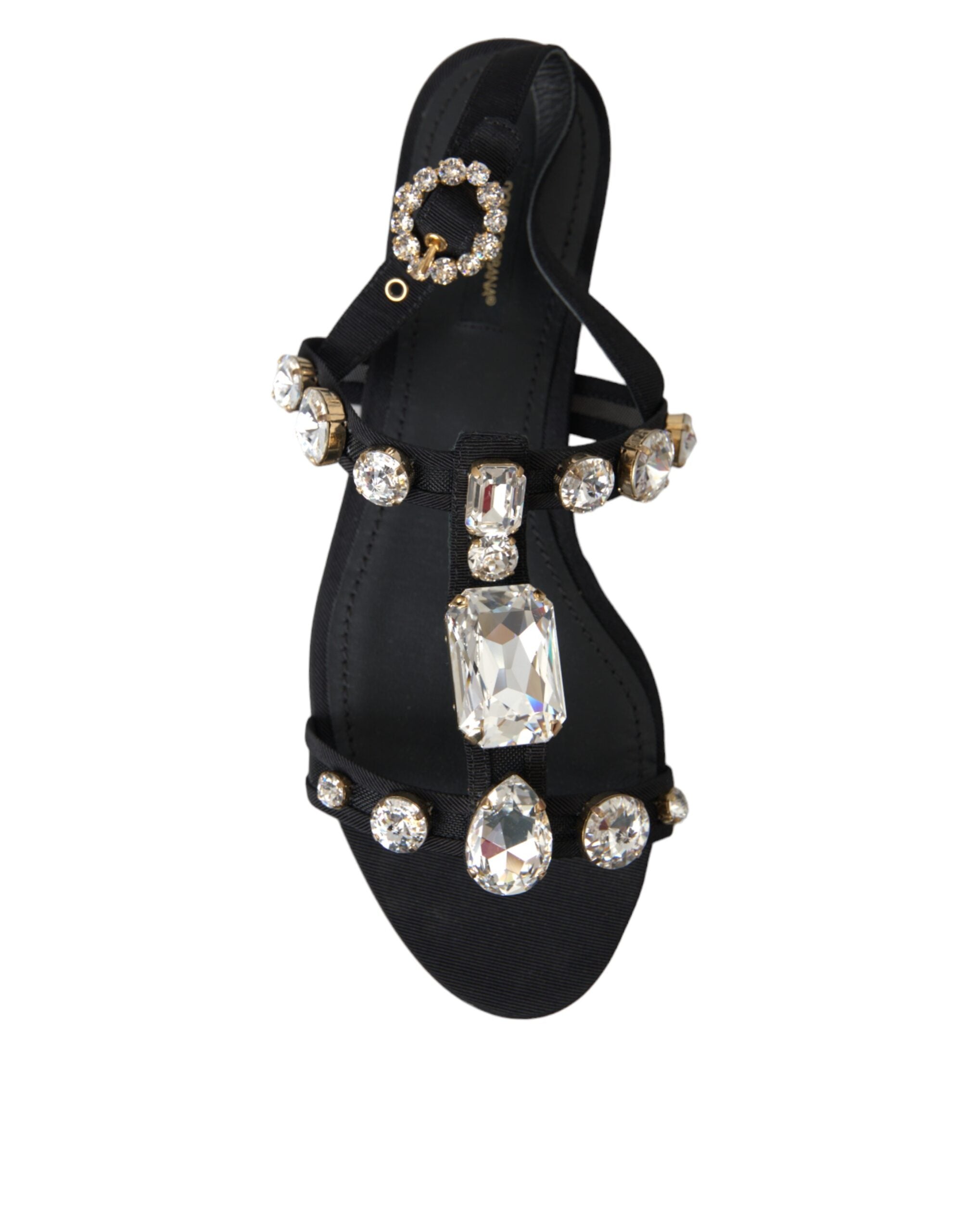 Dolce &amp; Gabbana Black Leather Crystal Flats Sandals Shoes