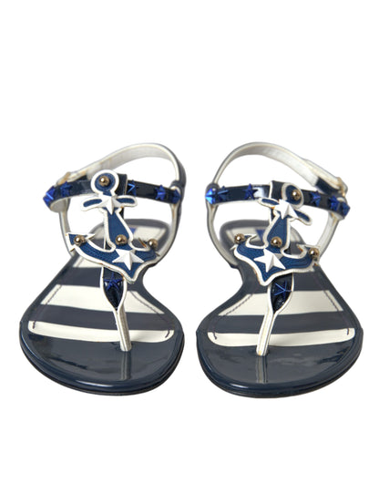 Dolce &amp; Gabbana Blue Stripes Leather Studded Flats Sandals Shoes