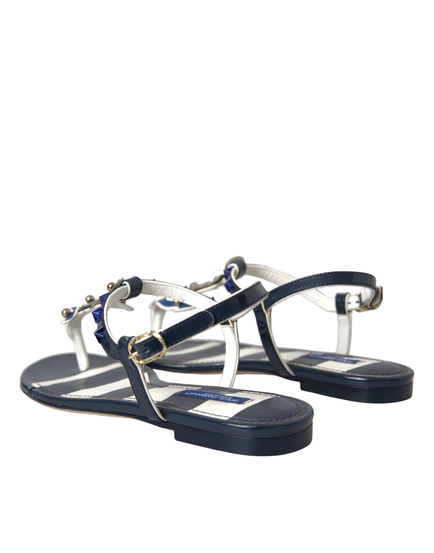 Dolce &amp; Gabbana Blue Stripes Leather Studded Flats Sandals Shoes