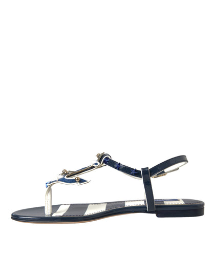 Dolce &amp; Gabbana Blue Stripes Leather Studded Flats Sandals Shoes