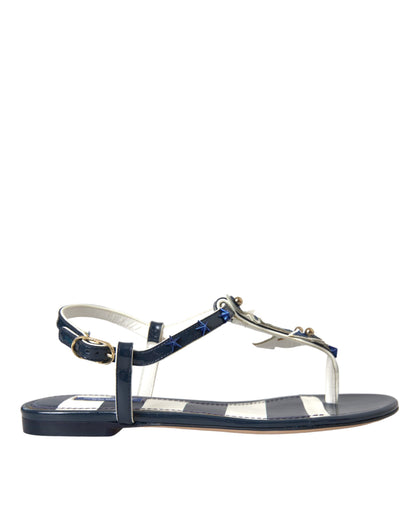 Dolce &amp; Gabbana Blue Stripes Leather Studded Flats Sandals Shoes