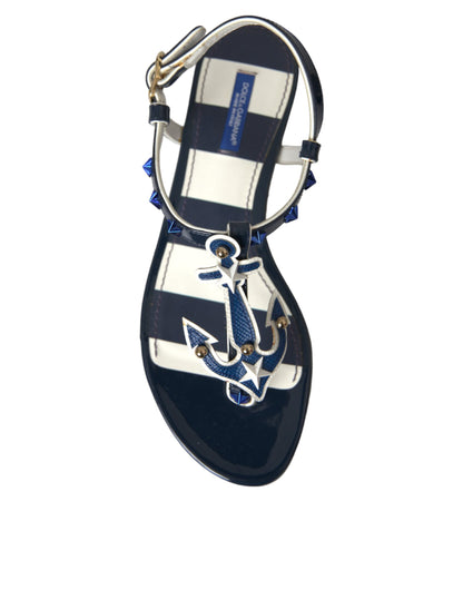 Dolce &amp; Gabbana Blue Stripes Leather Studded Flats Sandals Shoes