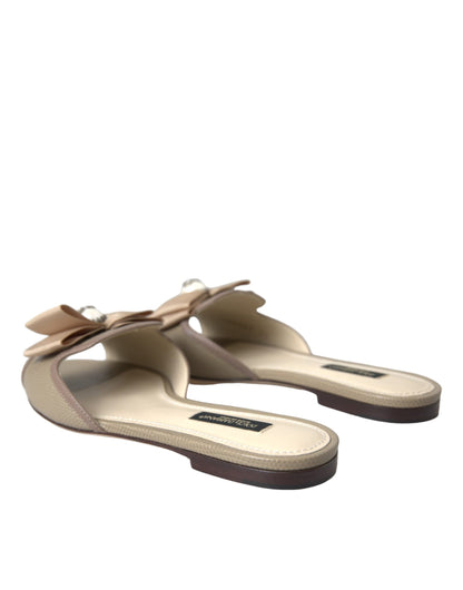 Dolce &amp; Gabbana Beige Logo Pearl Flats Sandals Slides Shoes