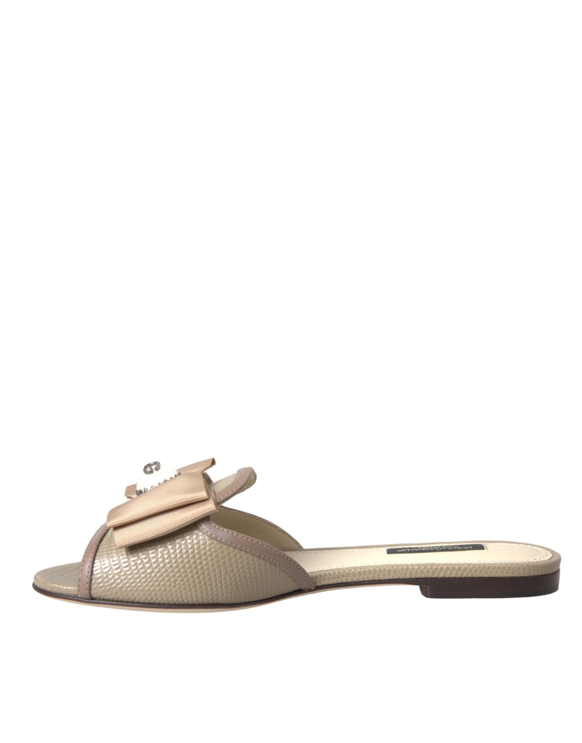 Dolce &amp; Gabbana Beige Logo Pearl Flats Sandals Slides Shoes